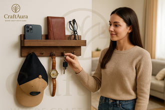 Premium Wooden Key Holder with Shelf and 5 Metal Hooks
