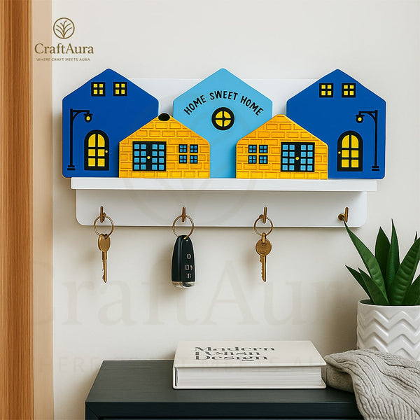 Home Sweet Home MDF Wooden Key Holder with 4 Metal Hooks