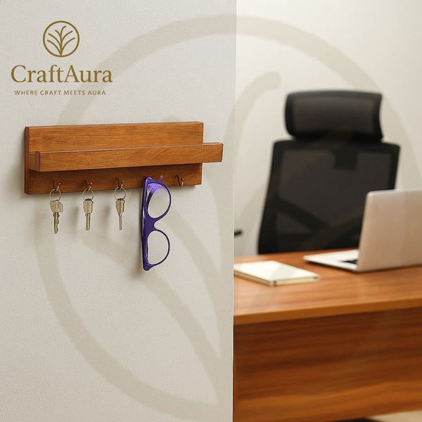 Premium Wooden Key Holder with Shelf and 5 Metal Hooks