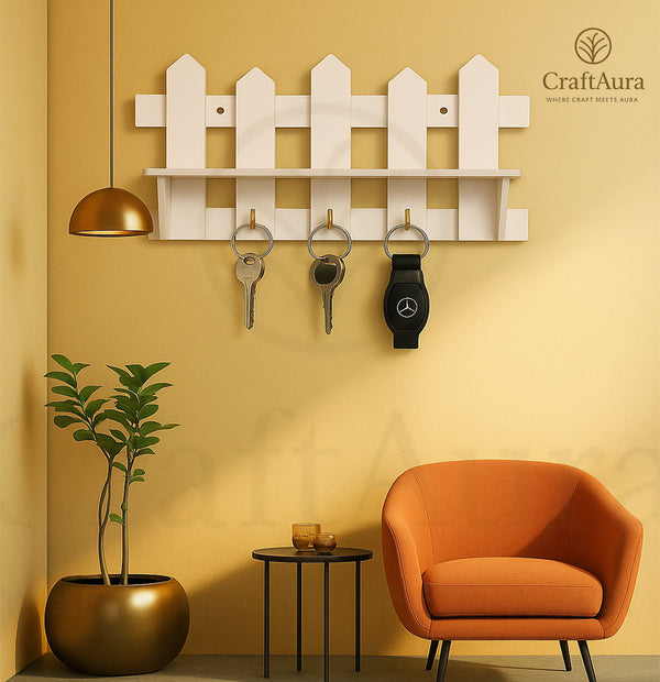 PVC Waterproof Wall Shelf with Key Holder & 3 Metal Hooks